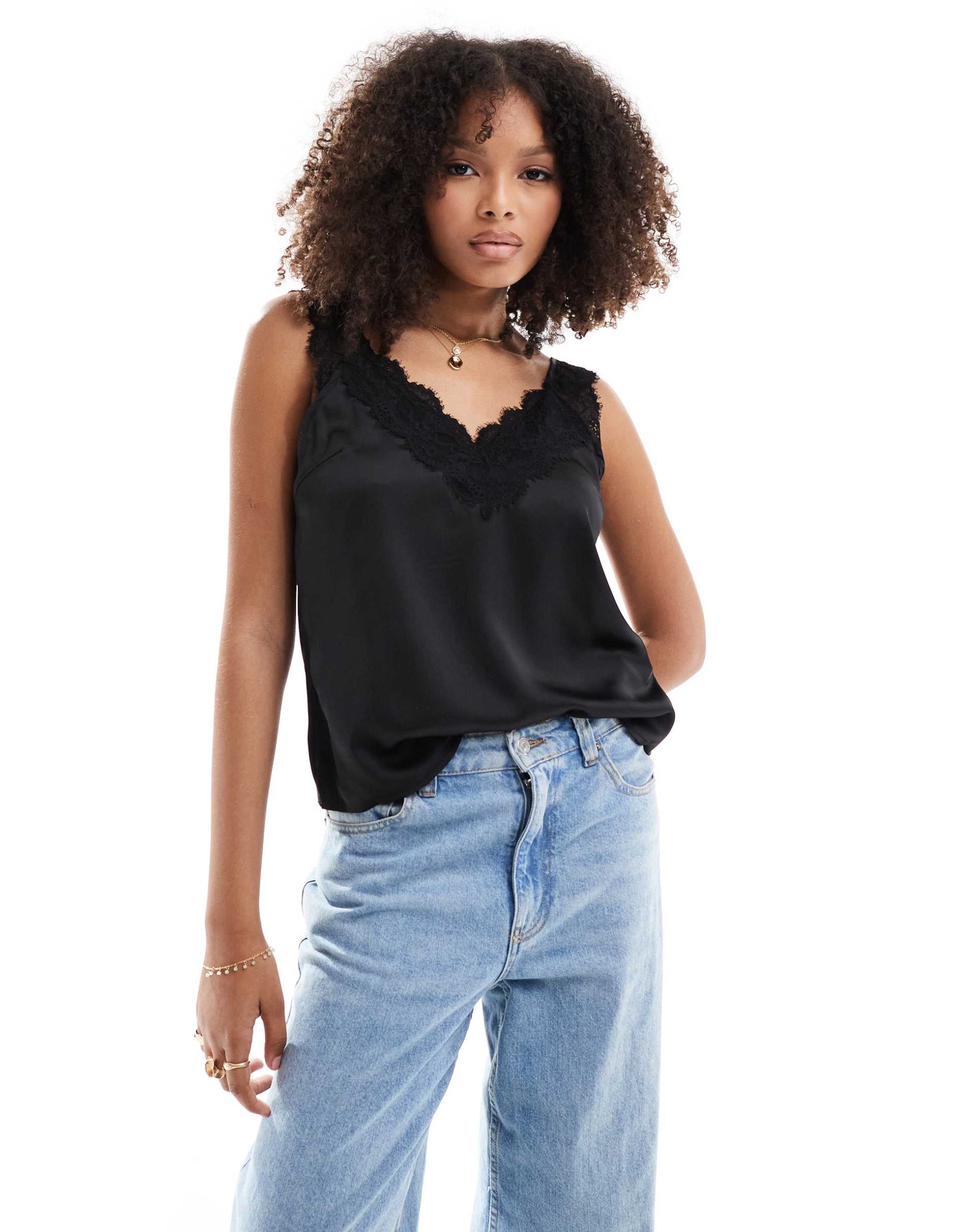 yas satin cami with lace detail in black