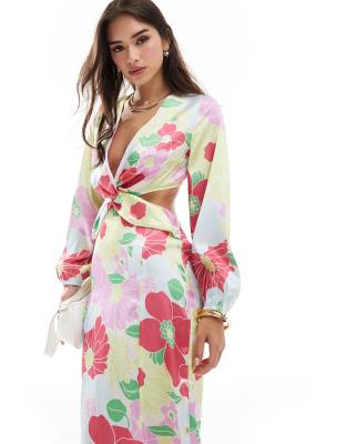 Y.a.s. Satin Cut Out Midaxi Dress In Pink Retro Floral-multi