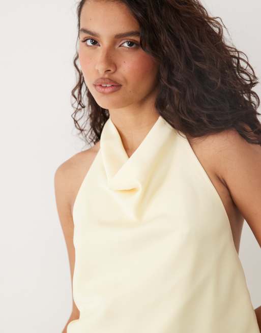 YAS satin halter neck top in pastel yellow (part of a set), 3 of 4