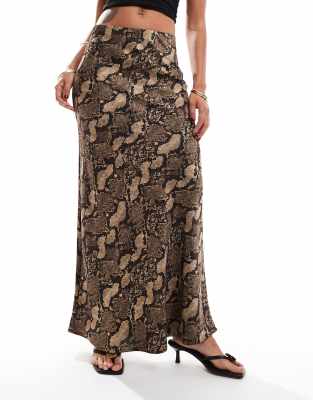 satin high waist maxi skirt in snake print-Brown