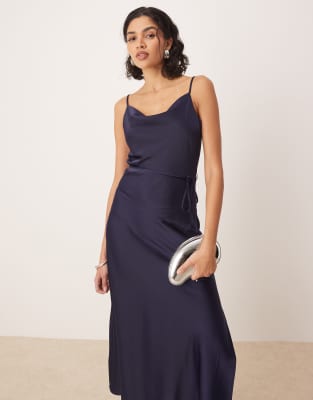 Shop Y.a.s. Satin Midi Cami Dress With Tie Waist In Navy