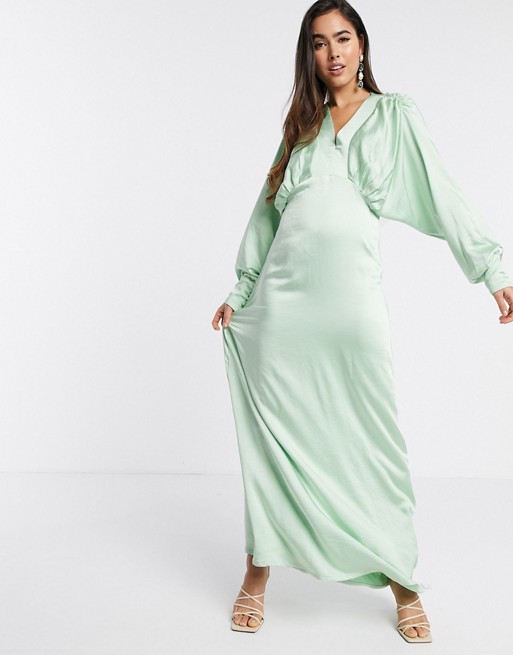 Y.A.S satin maxi dress with empire line and volume sleeve in mint