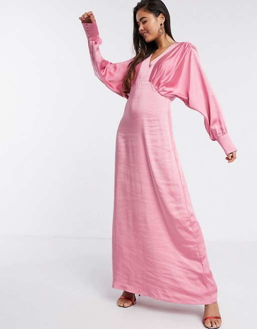 Y.A.S satin maxi dress with empire line and volume sleeve in pink