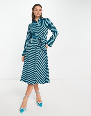 Y.a.s. Satin Maxi Shirt Dress With Tie Belt In Blue Diagonal Stripe