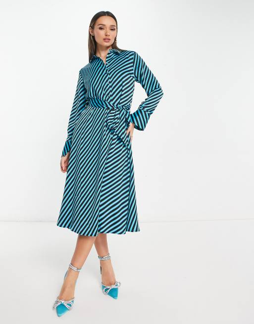 Y.A.S satin maxi shirt dress with tie belt in blue diagonal stripe