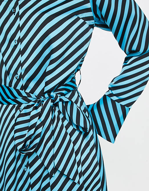 Y.A.S satin maxi shirt dress with tie belt in blue diagonal stripe | ASOS