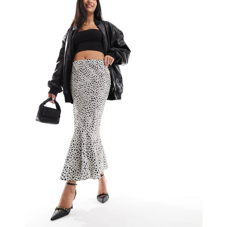 Y.A.S satin maxi skirt with seam detail in silver and navy leopard print ASOS