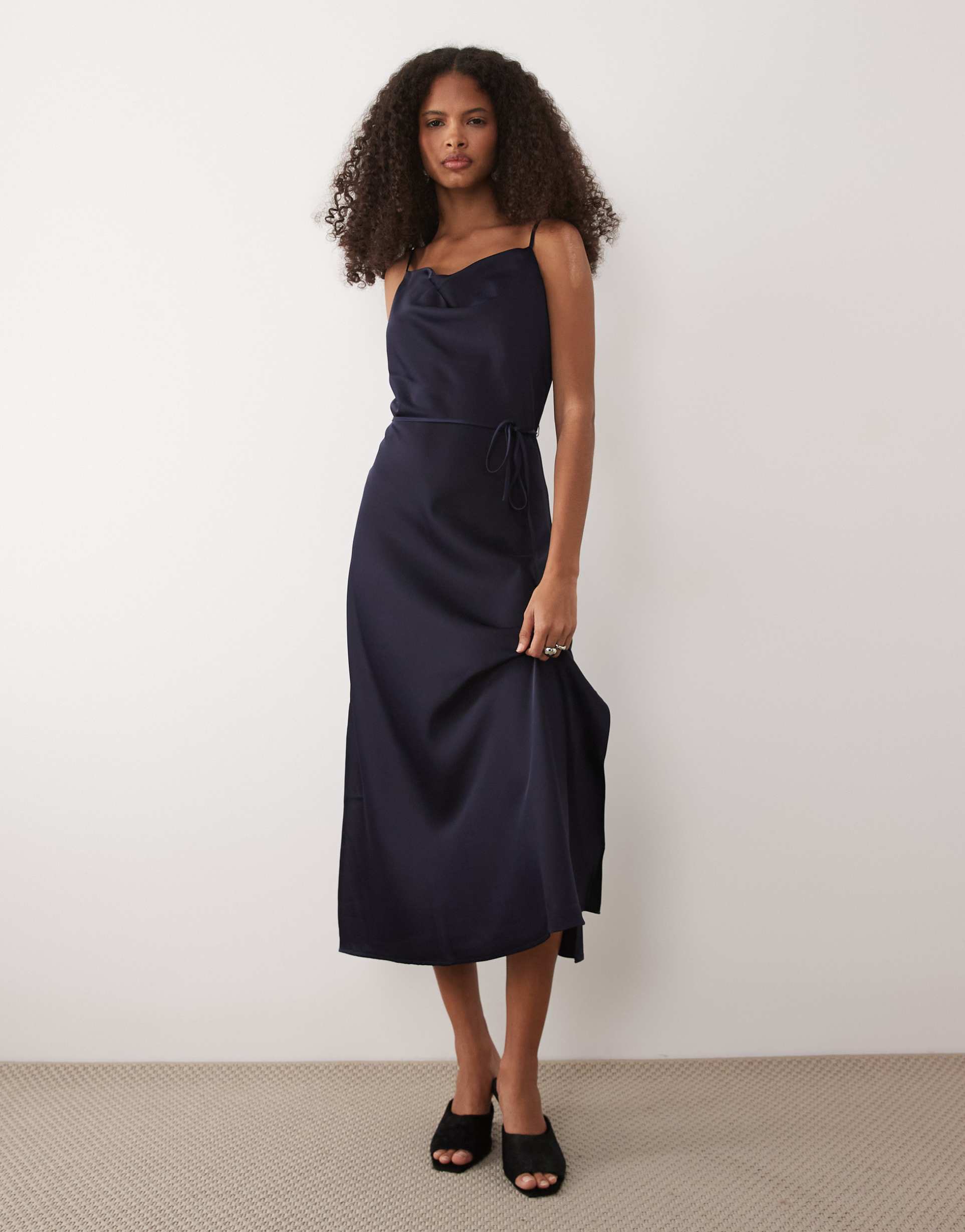 yas satin midi cami dress with tie waist in navy