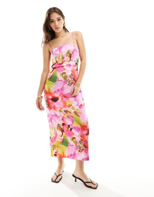 YAS YAS satin midi dress in floral - MULTI