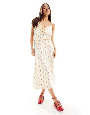 YAS Y.A.S satin midi skirt co-ord in cream ditsy floral print-Multi