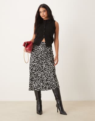 satin midi skirt in black and white splotch print