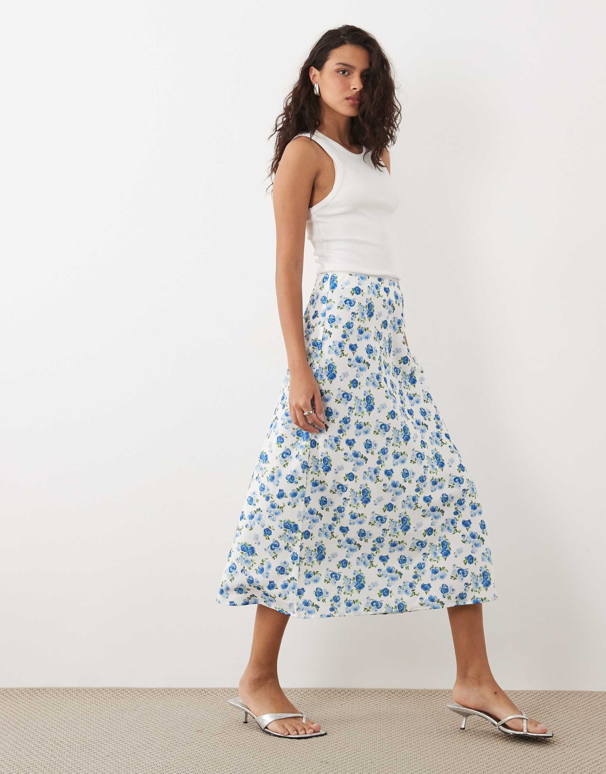 yas satin midi skirt in blue micro floral print