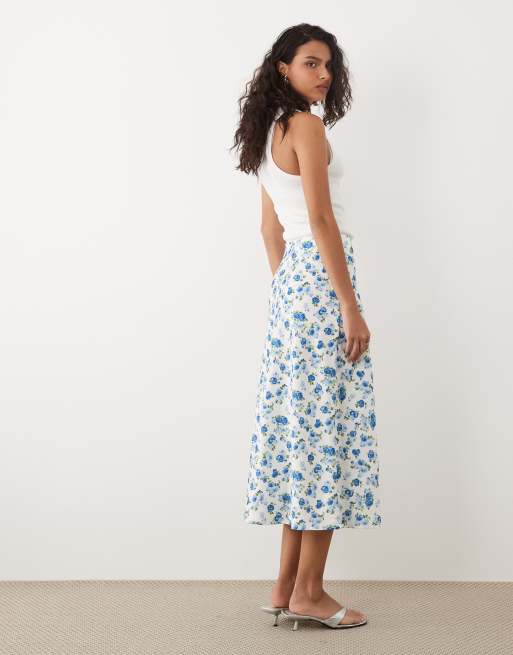 YAS satin midi skirt in blue micro floral print, 5 of 5