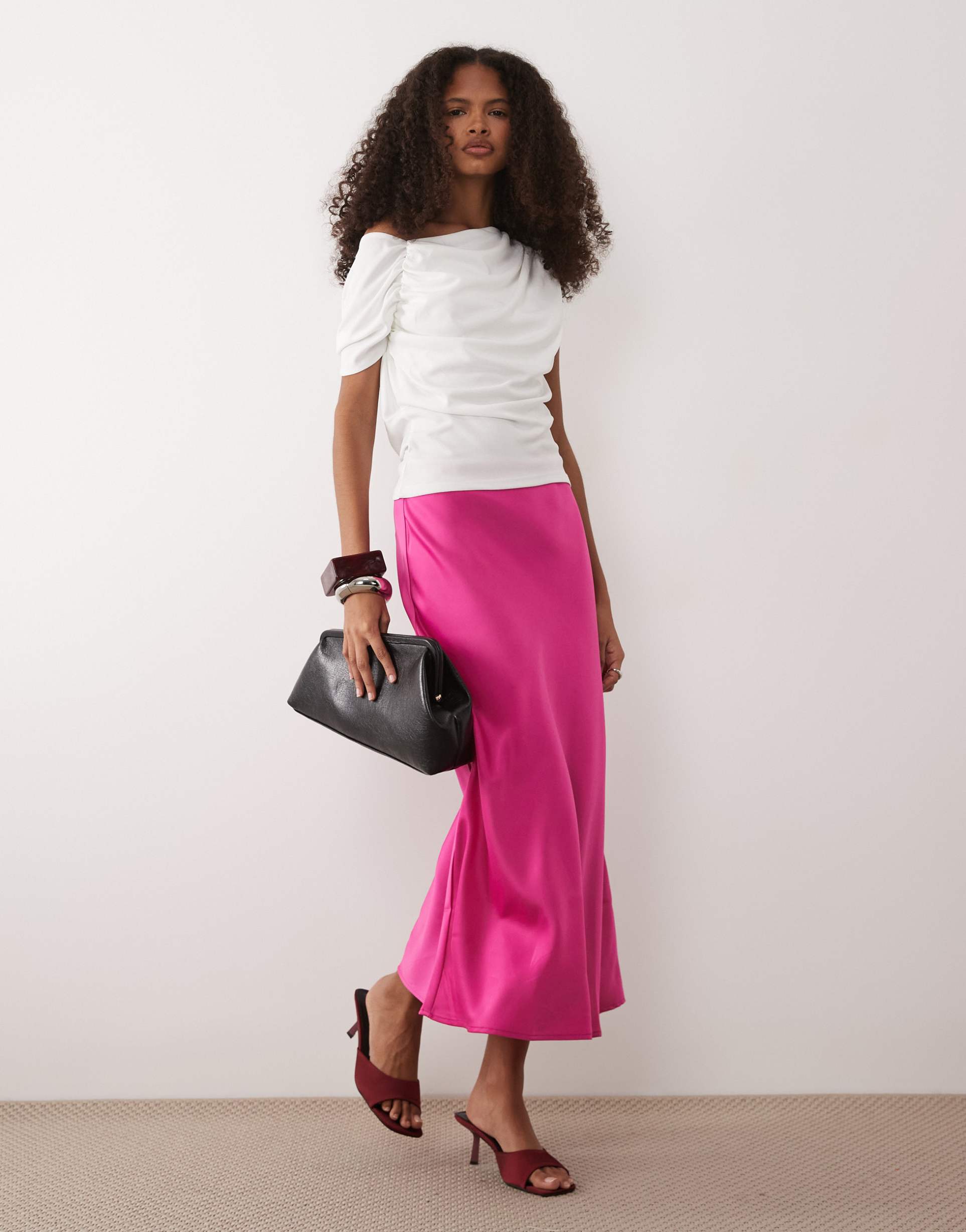 yas satin midi skirt in bright pink