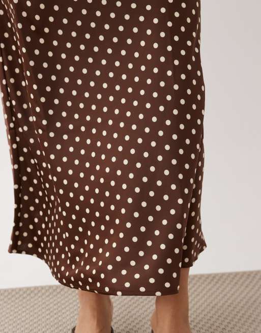 YAS satin midi skirt in brown and cream polka dot, 4 of 5
