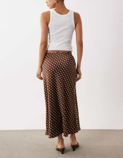 YAS satin midi skirt in brown and cream polka dot, 5 of 5