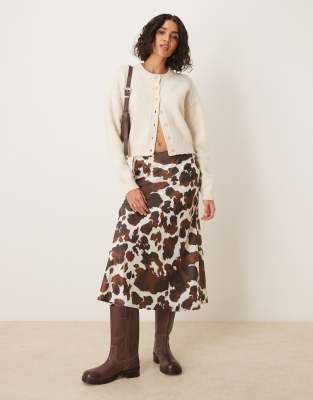 satin midi skirt in brown cow print-Multi