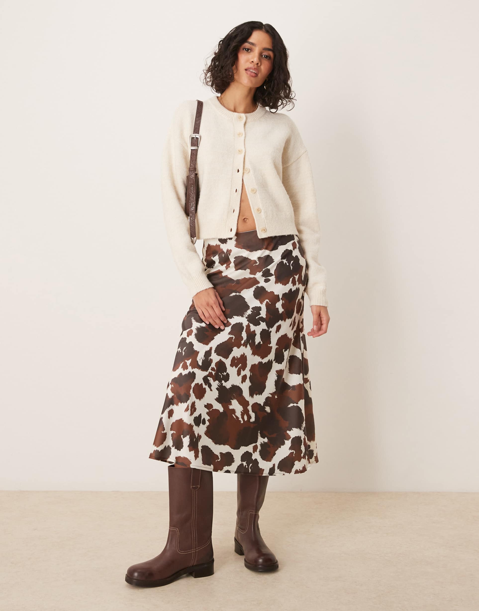 yas satin midi skirt in brown cow print