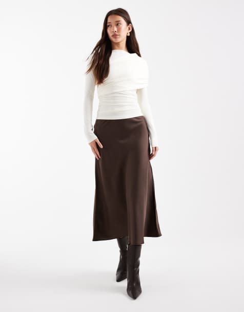 YAS satin midi skirt in chocolate brown