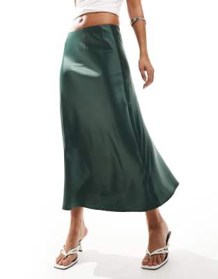 YAS YAS satin midi skirt in deep green - DGREEN