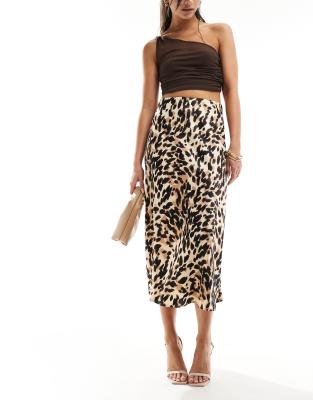 YAS YAS satin midi skirt in leopard print - MULTI