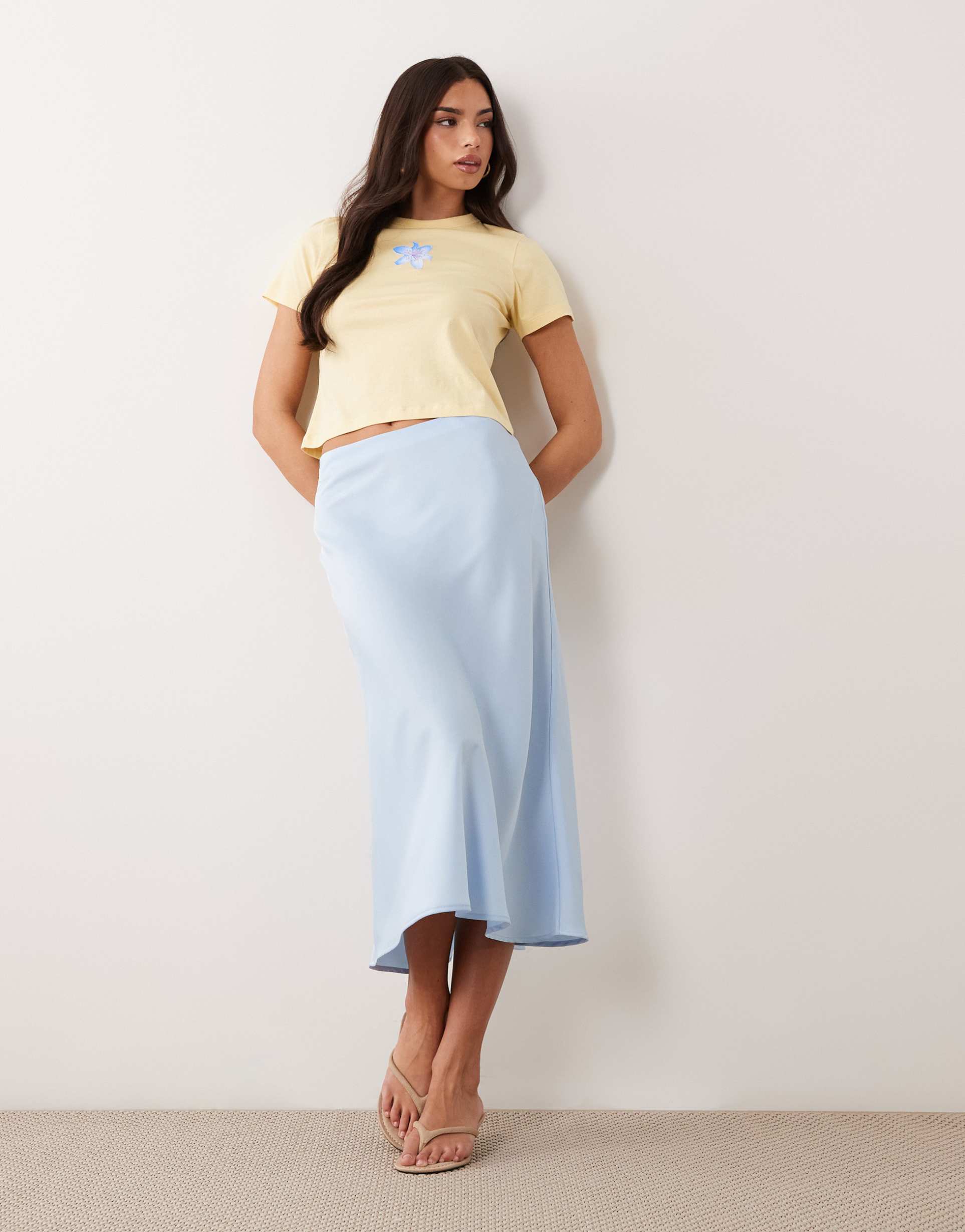 yas satin midi skirt in light blue