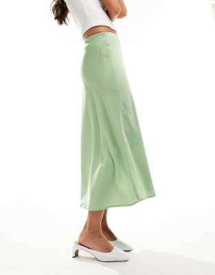 YAS YAS satin midi skirt in light green - LGREEN