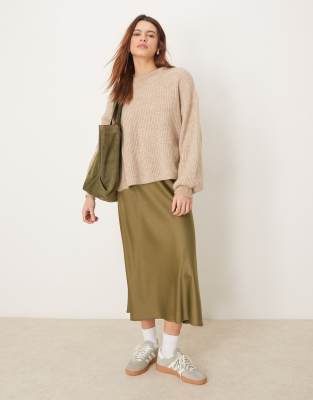 YAS YAS satin midi skirt in olive green