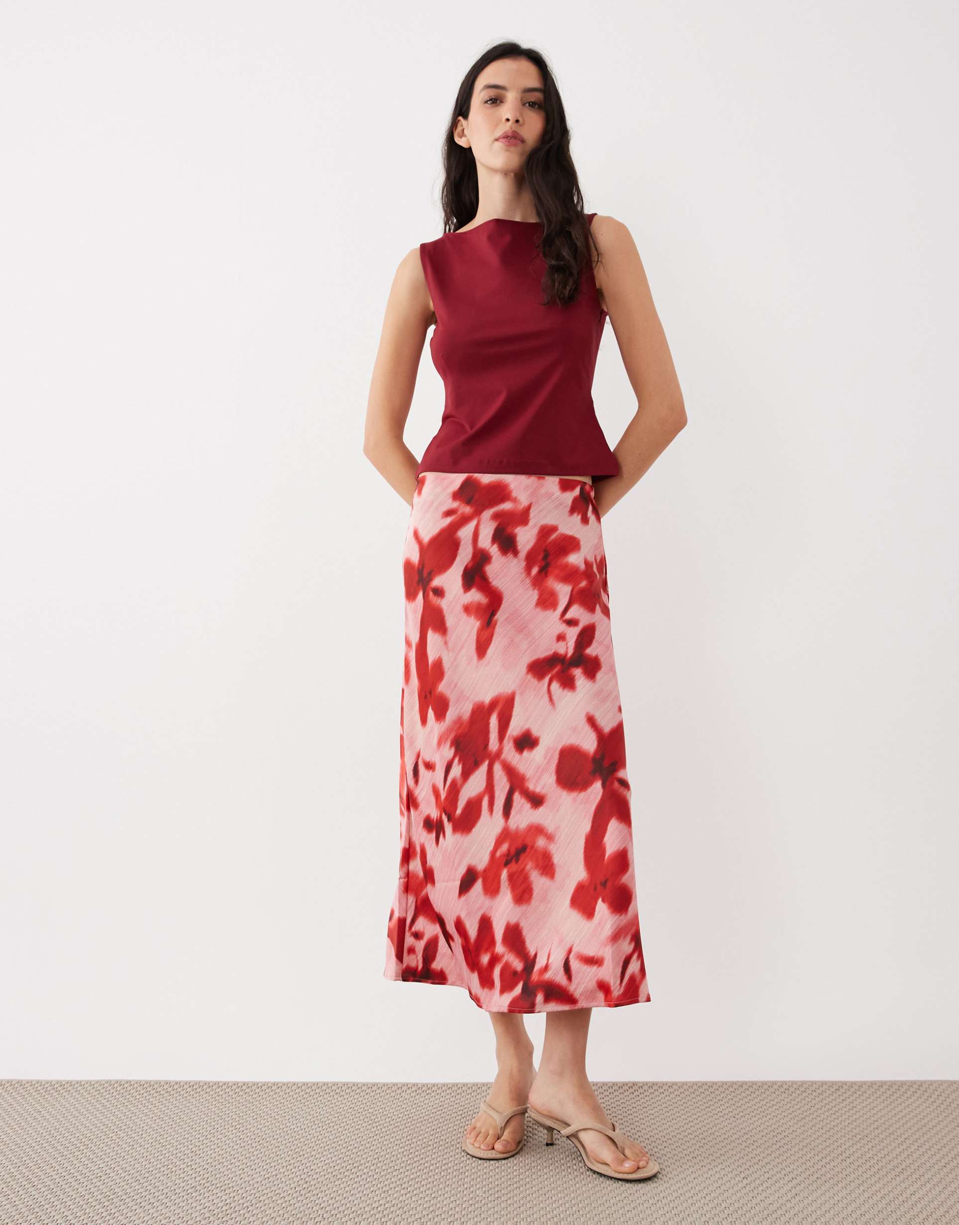yas satin midi skirt in pink and red floral print