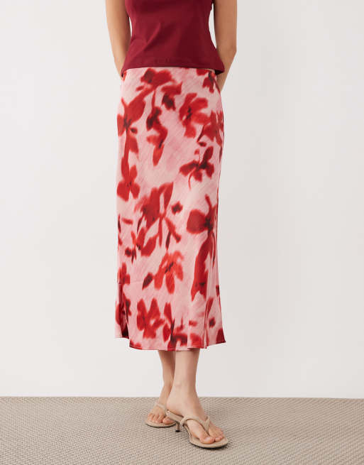 YAS satin midi skirt in pink and red floral print, 2 of 5