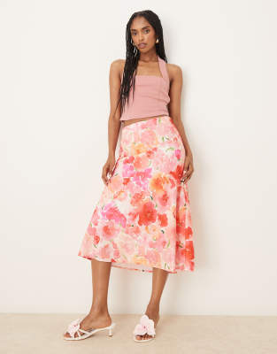 satin midi skirt in pink watercolor floral print-Multi