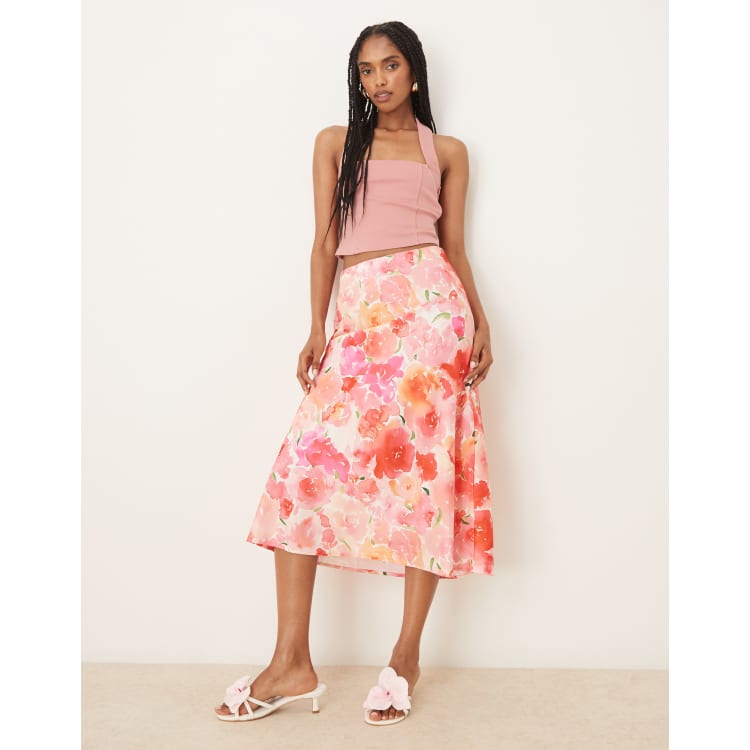 YAS satin midi skirt in pink watercolor floral print | ASOS