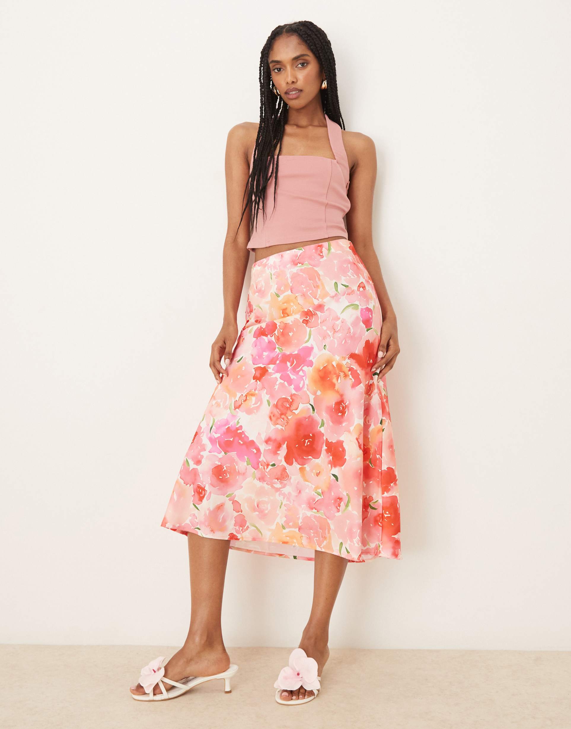yas satin midi skirt in pink watercolor floral print