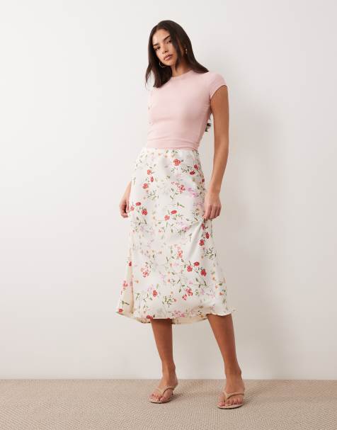 YAS satin midi skirt in white garden floral print - view 1
