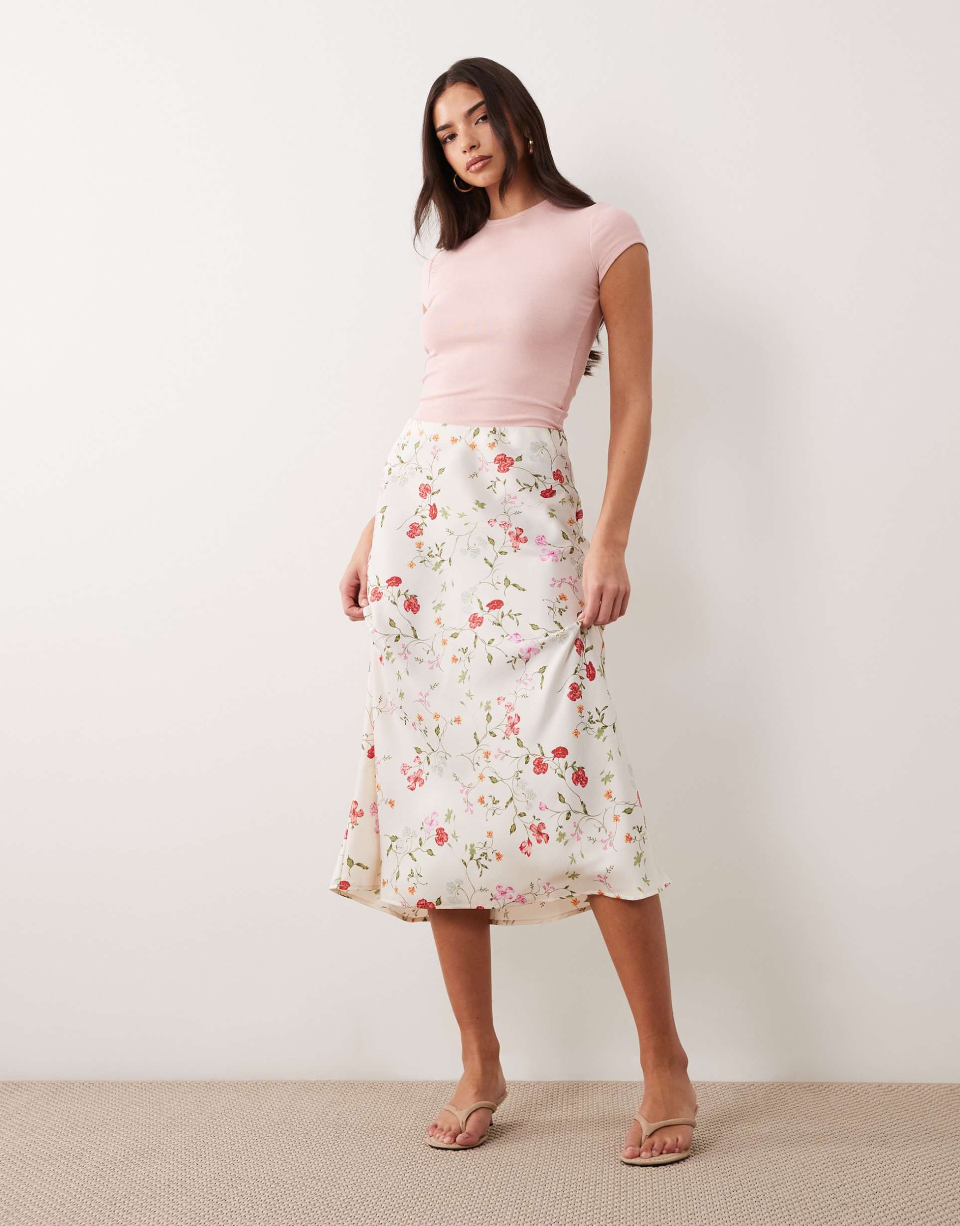 yas satin midi skirt in white garden floral print