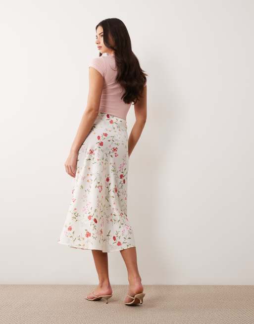 YAS satin midi skirt in white garden floral print, 2 of 5