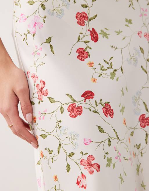 YAS satin midi skirt in white garden floral print, 5 of 5