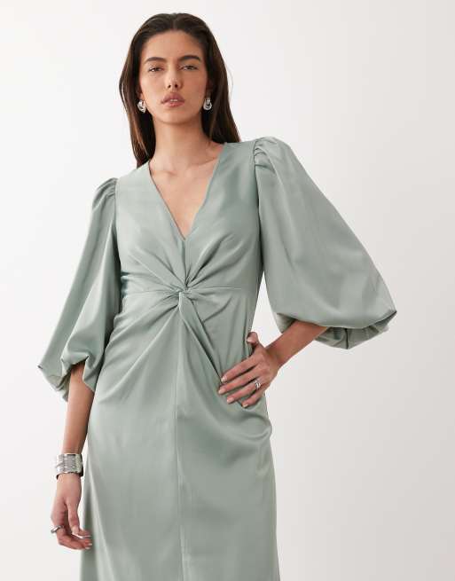 YAS – Satin-Midikleid in Milieu-Grün mit geknoteter Vorderseite und voluminösen Ärmeln, 2 von 4