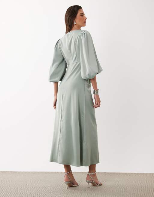 YAS – Satin-Midikleid in Milieu-Grün mit geknoteter Vorderseite und voluminösen Ärmeln, 4 von 4