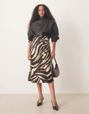 YAS - Satin-Midirock in neutralen Farben mit Animalprint