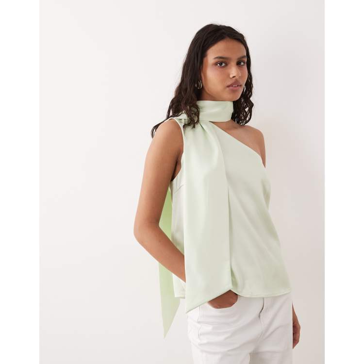 YAS satin one shoulder top with scarf detail in green | ASOS