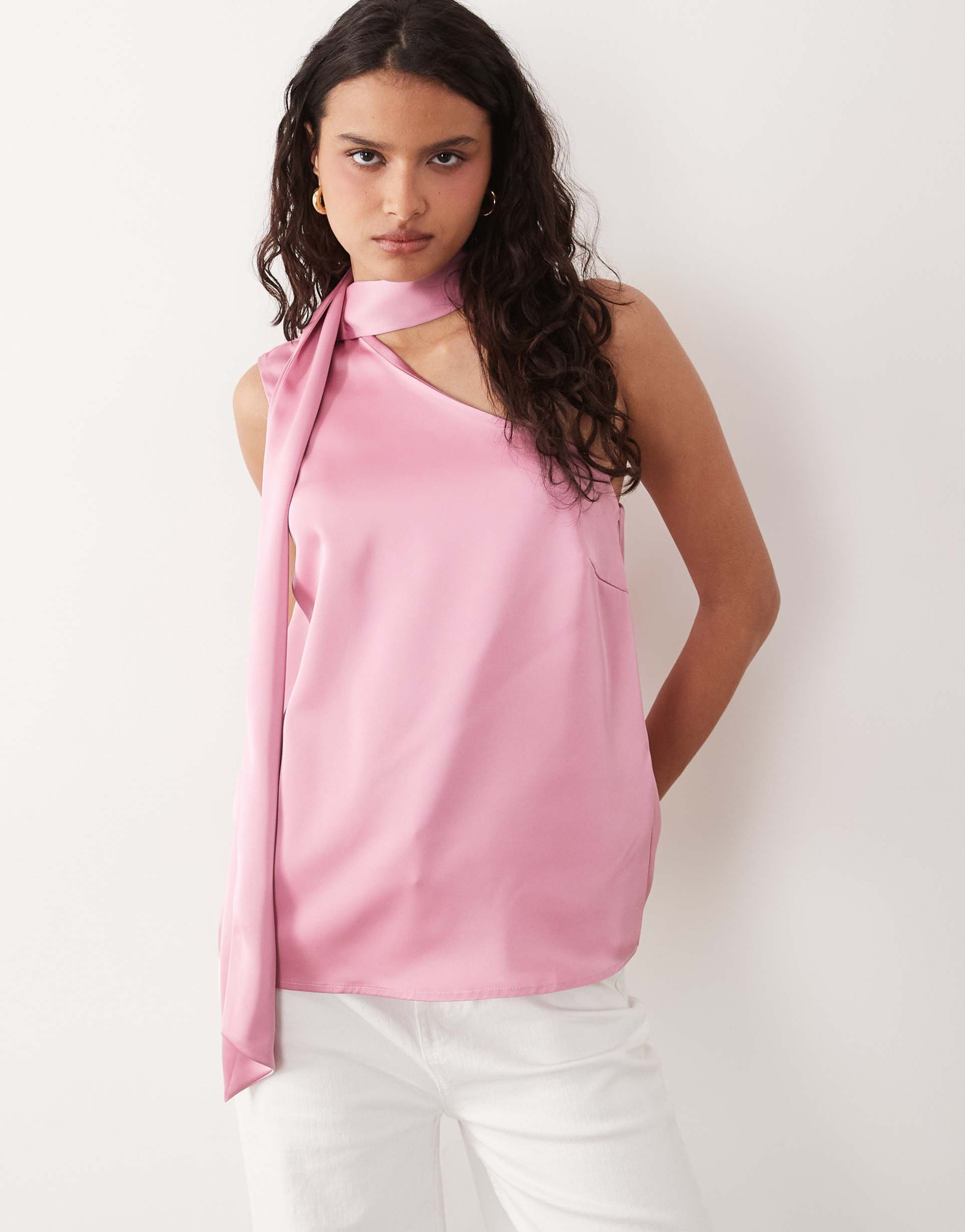 yas satin one shoulder top with scarf detail in pink