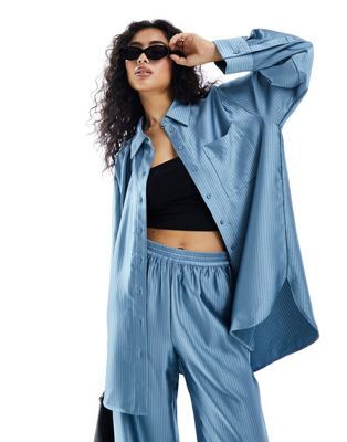 Y.A.S satin oversized pinstripe shirt co-ord in blue