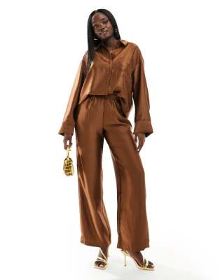 Y.A.S satin pinstripe wide leg pants in brown - part of a set