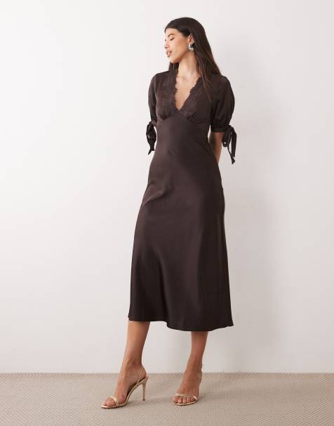 Yas satin plunge neck tie sleeve detail midi dress in brown