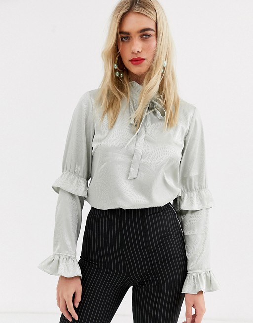 Y.A.S satin ruffle detail long sleeve blouse