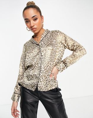 Y.A.S satin shirt co-ord in leopard print