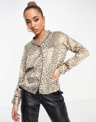 YAS Y.A.S satin shirt co-ord in leopard print-Multi