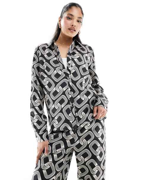 Y.A.S satin shirt co-ord in mono print - view 1