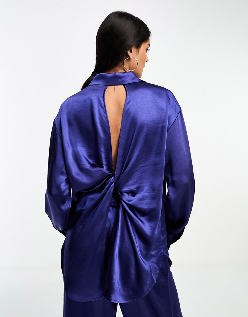 Y. A.S satin shirt co-ord with open twist back and piping detail in blue